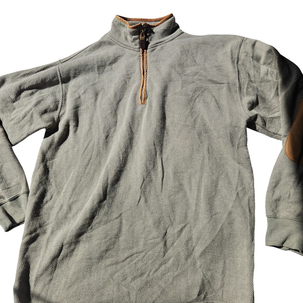 Orvis Sweater Mens Medium Gray Quarter Zip Mock Neck Leather Elbow Patches Knit